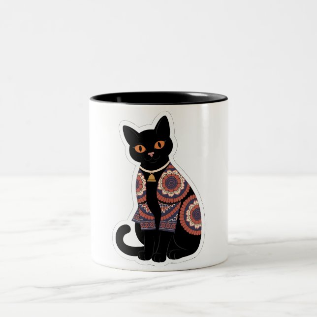 Mandala Svart Katt Halsbands Kaffe Mugg (Center)
