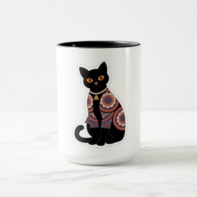 Mandala Svart Katt Klunkring Halsband Kaffe Mugg (Center)