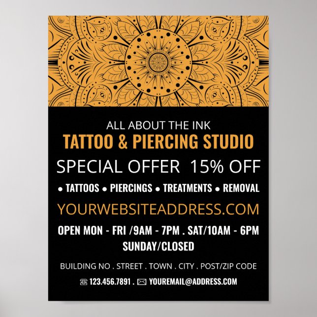 Mandala Symbol, Tattoo & Body Piercing Studio Poster (Framsidan)
