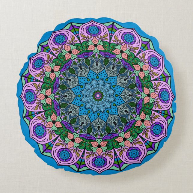 Mandala TealRose 12 Petals Rosa Orange Teal Rund Kudde (Framsidan)