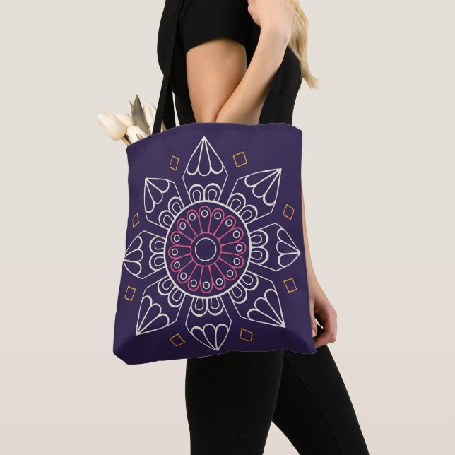 Mandala Tote Bag - Lila Boho Geometric Reusable Tygkasse (Närbild)