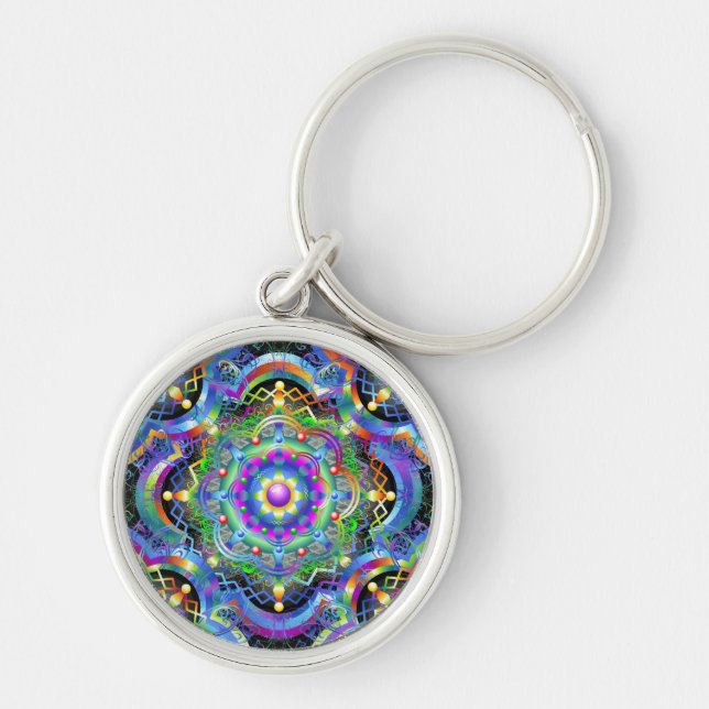 Mandala Univers Psychedelisk  Rund Silverfärgad Nyckelring (Framsidan)