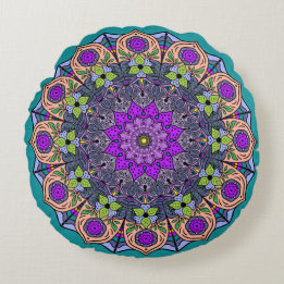 Mandala Violett Peach Lax Rosa Grön Rund Kudde