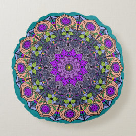 Mandala Violett Peach Lax Rosa Grön Rund Kudde
