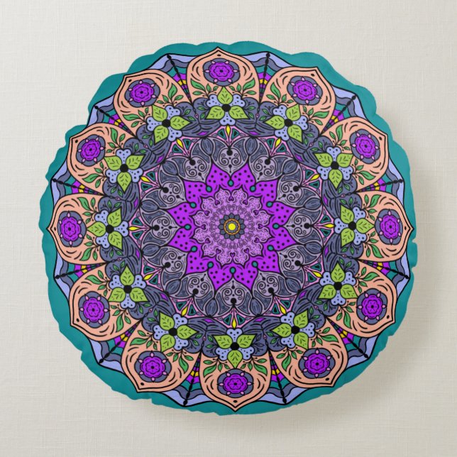 Mandala Violett Peach Lax Rosa Grön Rund Kudde (Framsidan)