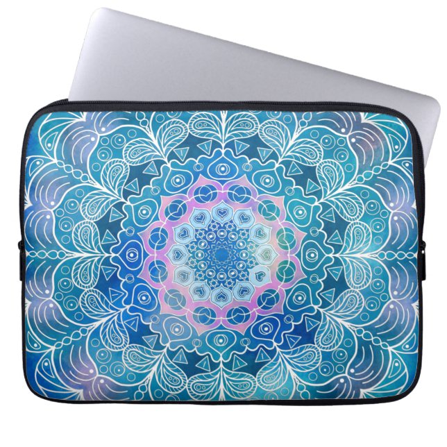 Mandala White Outline Blue Watercolor - Laptop Fodral (Framsidan)