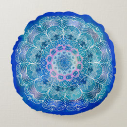 Mandala White Outline Blue Watercolor - Rund Kudde