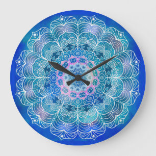 Mandala White Outline Blue Watercolor - Stor Klocka