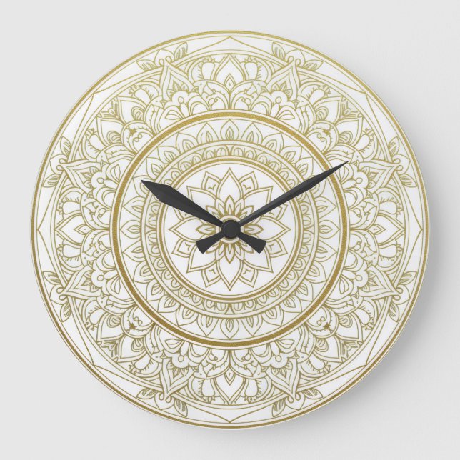 Mandala Zen Wall Clock - Guld & White Andlig De Stor Klocka (Framsida)