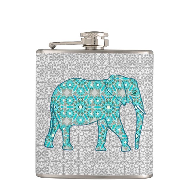 Mandalablommaelefant - turkos, grå färg & vit fickplunta (Framsidan)