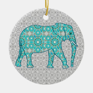 Mandalablommaelefant - turkos, grå färg & vit julgransprydnad keramik