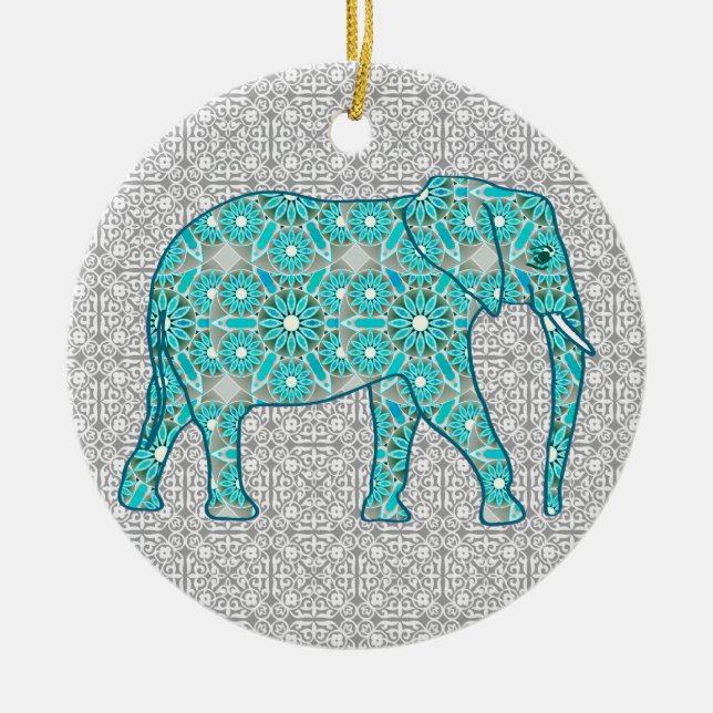Mandalablommaelefant - turkos, grå färg & vit julgransprydnad keramik (Framsidan)