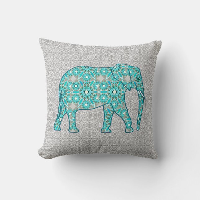 Mandalablommaelefant - turkos, grå färg & vit kudde (Framsida)
