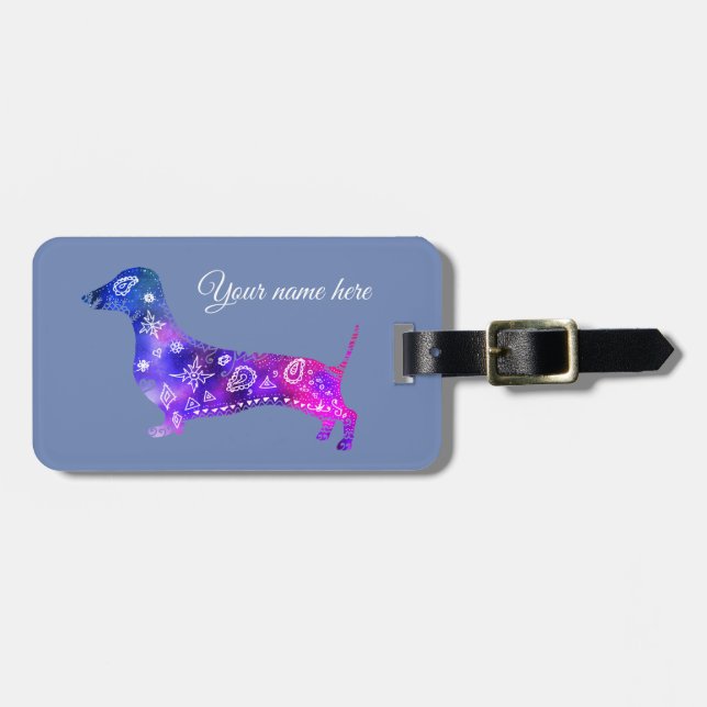 Mandalahunden, läder för taxbagagemärkre fäster bagagebricka (Horisontell Framsida)