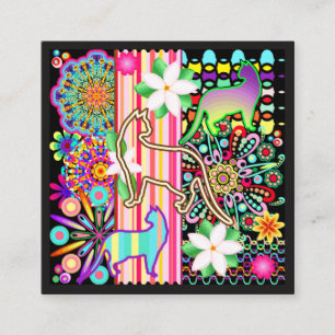 Mandalas-, katt- & blommafantasimönster fyrkantigt visitkort
