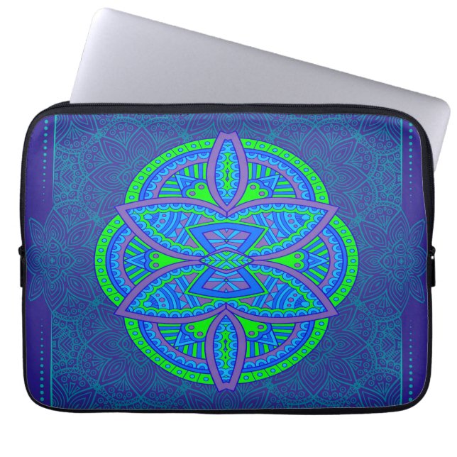 Mandalas vid blåa upprepningsdesign laptop fodral (Framsidan)