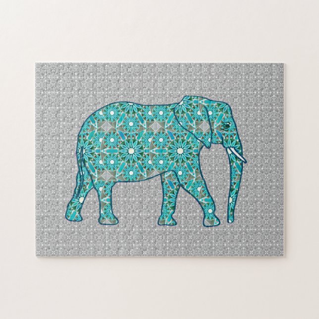Mandalblomelefant, turkos, grått och vitt pussel (Horisontell)