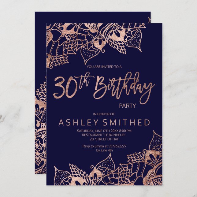 Mandaltypografi ro guld 30års födelsedag inbjudningar (Fram/baksida)
