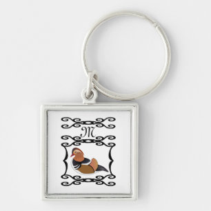 Mandarin Anka Illustration Monogram Fyrkantig Silverfärgad Nyckelring