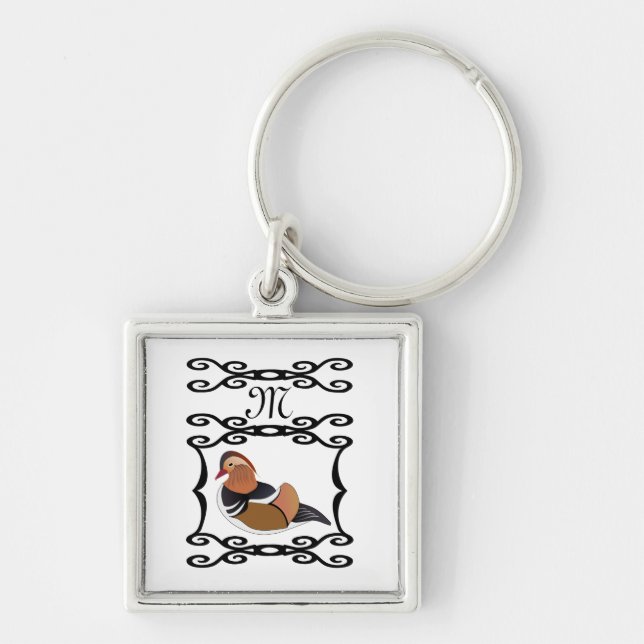 Mandarin Anka Illustration Monogram Fyrkantig Silverfärgad Nyckelring (Framsidan)