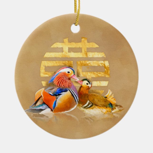 Mandarin Anka och Dubbla Happity Symbol Julgransprydnad Keramik (Framsidan)