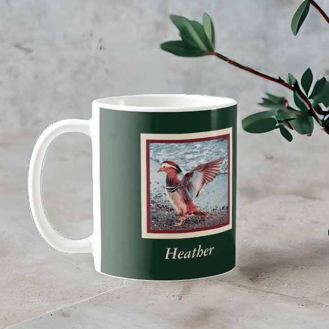 Mandarin Anka om Grönt och rost med Namn Kaffemugg (Skapare uppladdad)