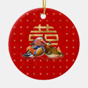 Mandarin Ankor och Dubbla Lycka på rött Julgransprydnad Keramik