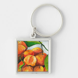 Mandarin orange vattencolor frusit art fyrkantig silverfärgad nyckelring