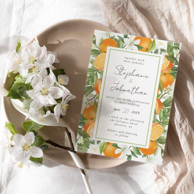 Mandarin Orange Watercolor Bröllop Inbjudningar (Mandarin orange wedding invitation)