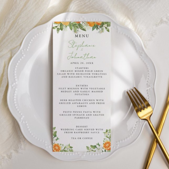 Mandarin Orange Watercolor Bröllop Meny (Mandarin orange wedding menu)