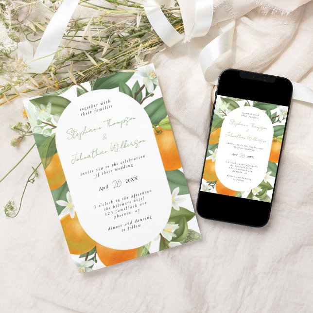 Mandarin Orangen Botanical Elegant bröllop Inbjudningar (Mandarin orange wedding invitation)