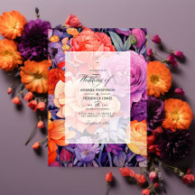 Mandarin, varmröd och kunglig lila bröllopsblommor