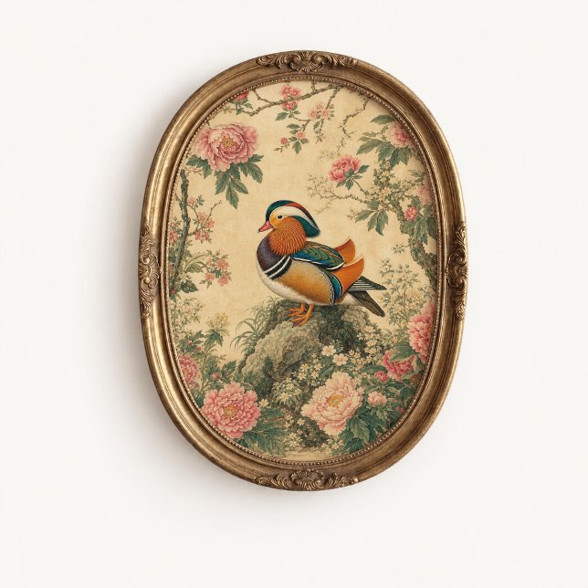Mandarinand Peony-kinesisk motiv-affisch Poster (Mandarin Duck Peony Wall Art Poster - close-up view (frame/decor not included))