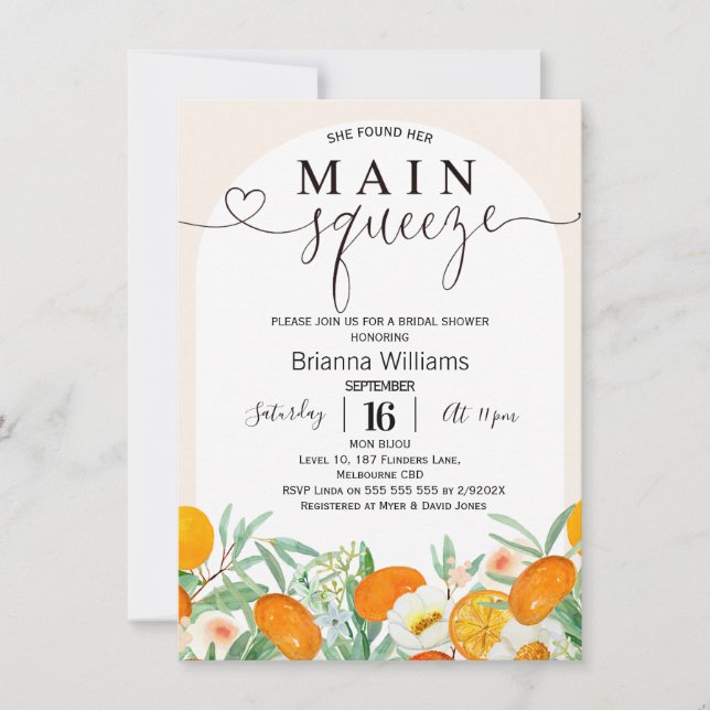 Mandarine Blommigt Arch Main Squeeze Möhippa Inbjudningar (Framsida)