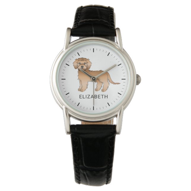 Mandel Mini Goldendoodle Tecknad Hund & Namn Armbandsur (Framsida)