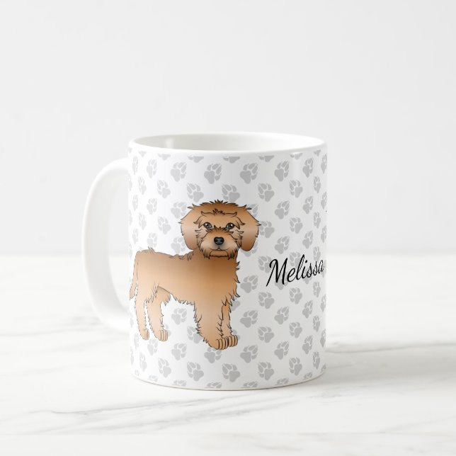 Mandel Mini Goldendoodle Tecknad Hund & Namn Kaffemugg (Framsida vänster)