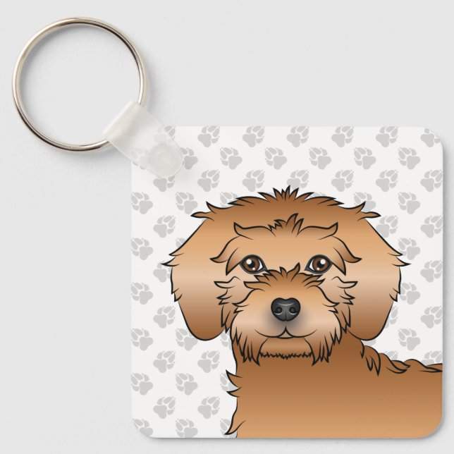 Mandel Mini Goldendoodle Tecknad Hund & Namn Nyckelring (Framsida)