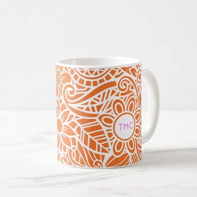 Mandela Blommigt Orange Vit Rosa Monogram INITIALE Kaffemugg (Framsida höger)
