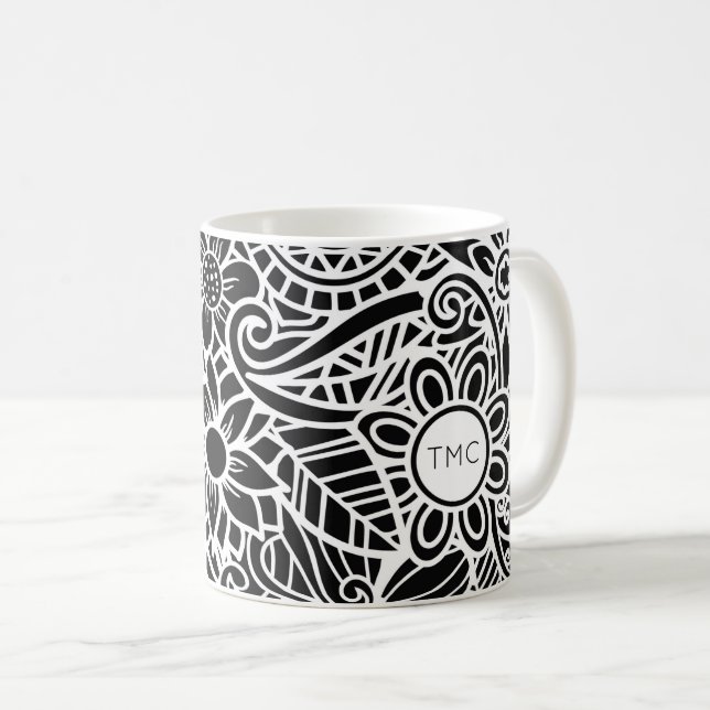 Mandela Tropical Blommigt INITIALER Black White Ro Kaffemugg (Framsida höger)