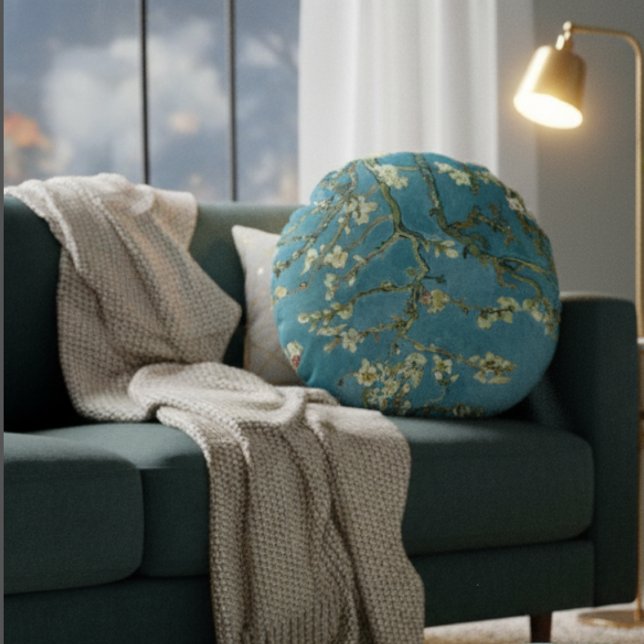 Mandelblomning Floral Boho Blå Klassisk Konst Rund Kudde (Skapare uppladdad)