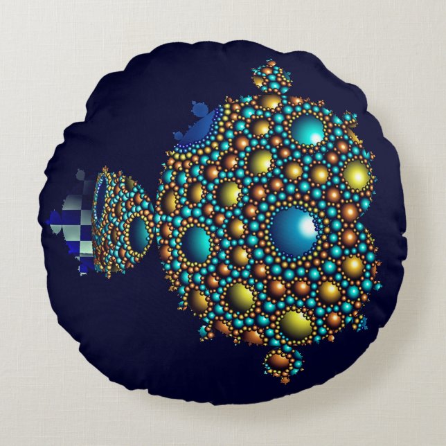 Mandelbrot Fractal Apolloniska havsblått Guld Rund Kudde (Framsidan)
