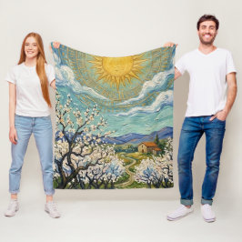 Mandelträdgården i blom i Van Goghs stil solbelyst Fleecefilt