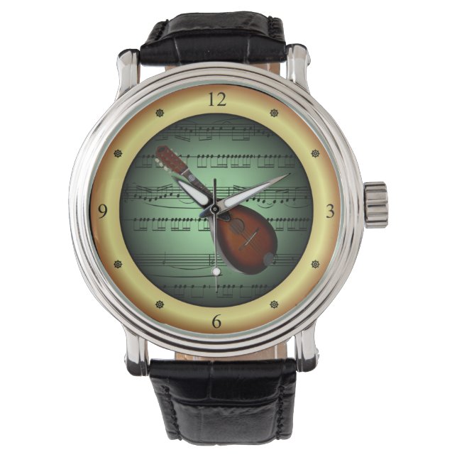 Mandolin ~ Lakan Music ~ Grönt/Guld Background ~ Armbandsur (Framsida)