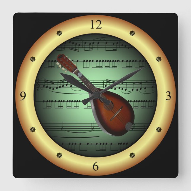 Mandolin ~ Lakan Music ~ Grönt/Guld Background ~ Fyrkantig Klocka (Framsida)