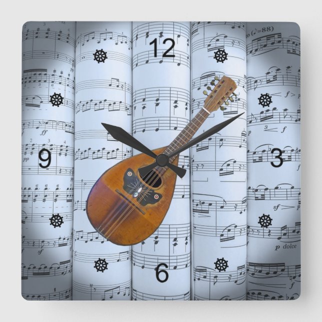 Mandolin~Rolled Lakan Music~Blue Tint Background ~ Fyrkantig Klocka (Framsida)