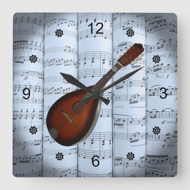 Mandolin~Rolled Lakan Music~Blue Tint Background ~ Fyrkantig Klocka (Framsida)