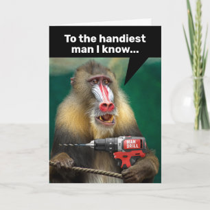 Mandrill Monkey med borr - Handy Man Birthday Kort