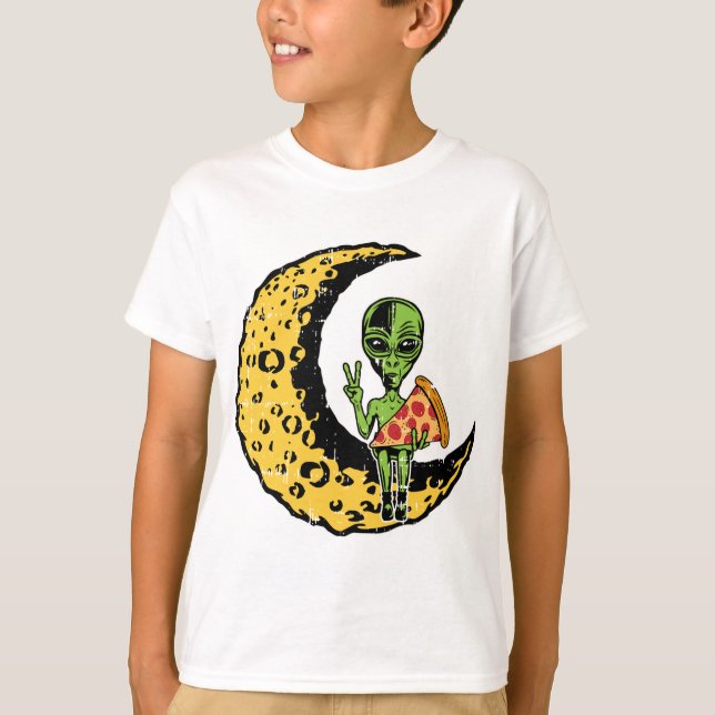 Måne Alien Eating Pizza Peace Costume Funny Hallow T Shirt (Framsida)