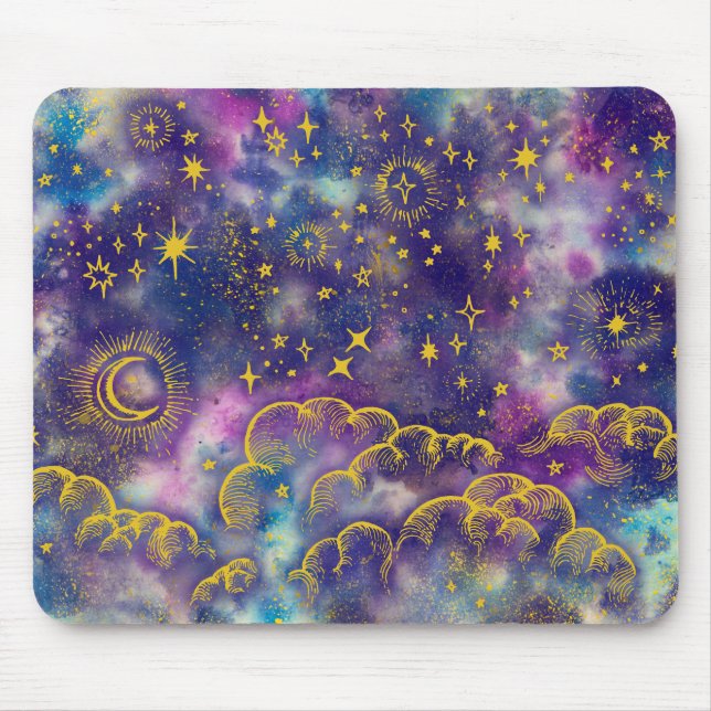 ’Måne and Stars’ Mousepad (Guld Färg) Musmatta (Framsidan)