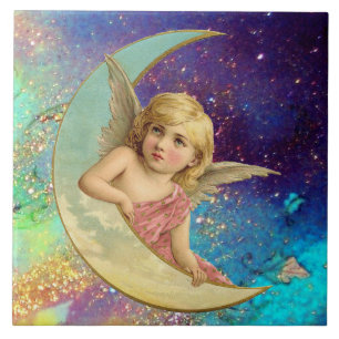 MÅNE ANGEL IN BLUE GULD GULT SPARKLES KAKELPLATTA
